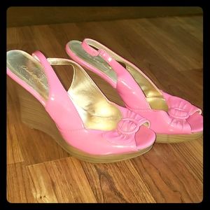 Pink Open Toe Wedge Heels